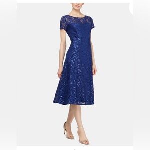 SLNY Elegant Blue Lace Midi Dress
